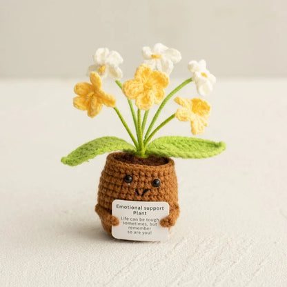 Crochet Knitted Flower Plant Pot - Desktop Emotional Support Gift Positivity Words of Encouragement Ornament - Perfect Gift