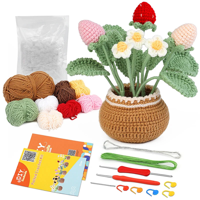 DIY Crochet Flower Plant Pot Kit – Sunflowers Tulips Daisies Designs, Beginners Set