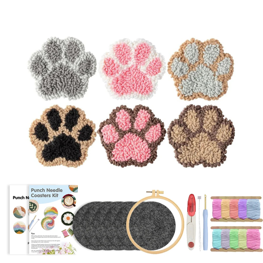 DIY Beginner Punch Needle Coaster Kit – Make 6 Animal Dog Frog Butterfly Paw Design Coasters - Multiple Design Choice Craft Embroidery