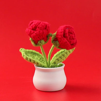 Crochet Knitted Artificial Flower Plant in Pot - Hand Woven Potted Desk Desktop Home Decor Gift Ornament