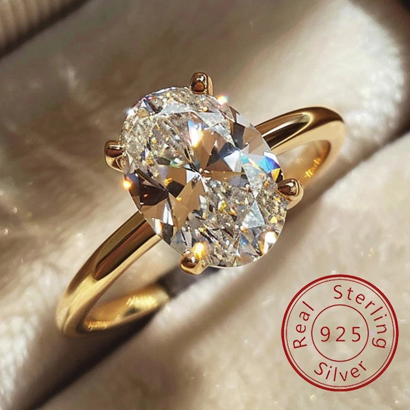 925 Sterling Silver / Golden Ring with Oval Zircon Gemstone – Womens Elegant Engagement Wedding Promise Band