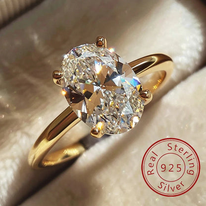 925 Sterling Silver / Golden Ring with Oval Zircon Gemstone – Womens Elegant Engagement Wedding Promise Band