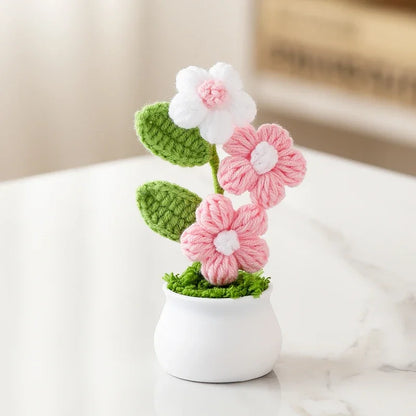 Crochet Knitted Artificial Flower Plant in Pot - Hand Woven Potted Desk Desktop Home Decor Gift Ornament
