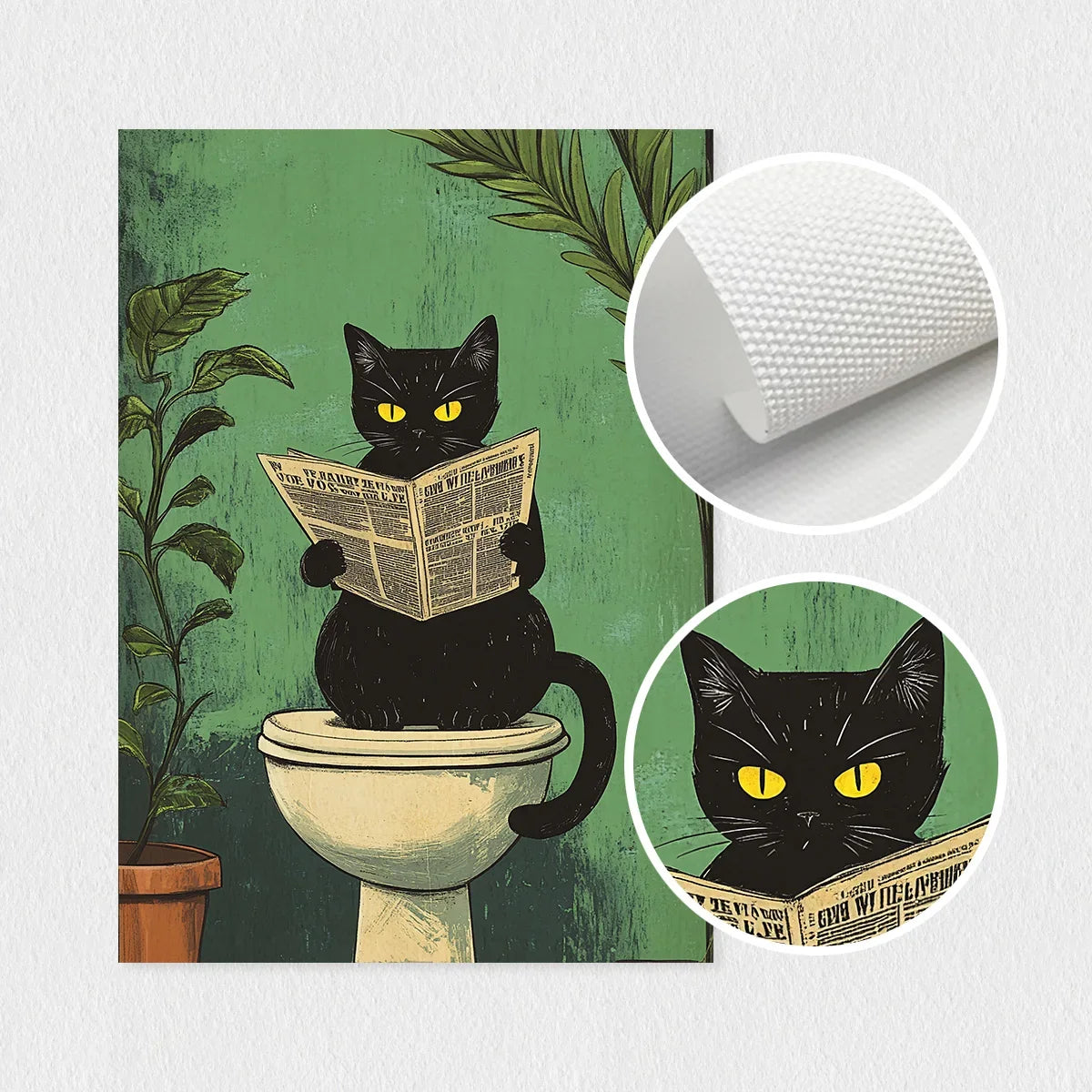 Funny Black Cat Bathroom Poster Set – Retro Canvas Animal Wall Art for Bathroom or Home Décor