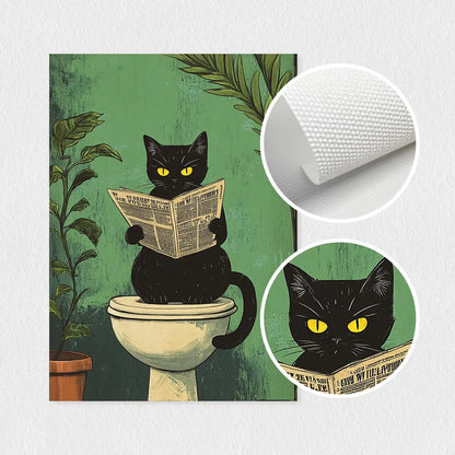 Funny Black Cat Bathroom Poster Set – Retro Canvas Animal Wall Art for Bathroom or Home Décor
