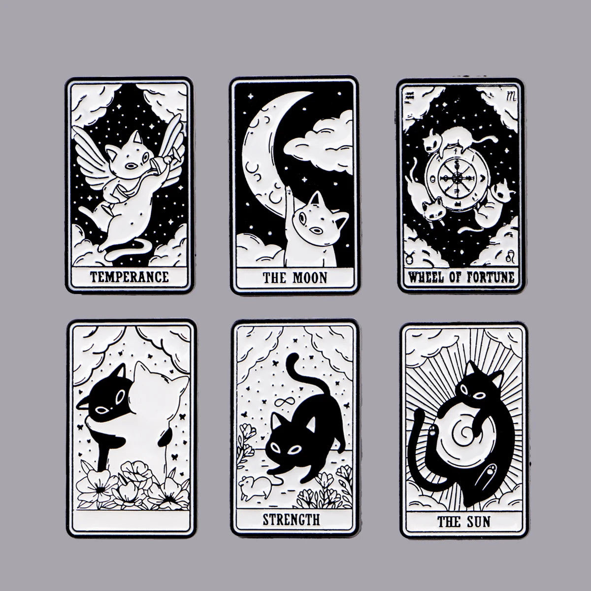 Mystic Black White Cats Tarot Card Design Enamel Pin Badges Moon Sun Strength Fortune Cat