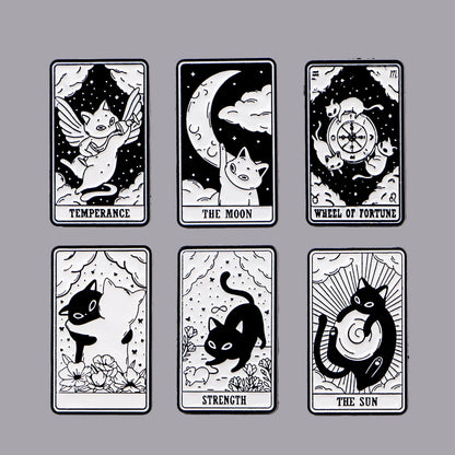 Mystic Black White Cats Tarot Card Design Enamel Pin Badges Moon Sun Strength Fortune Cat