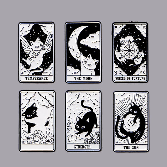 Mystic Black White Cats Tarot Card Design Enamel Pin Badges Moon Sun Strength Fortune Cat