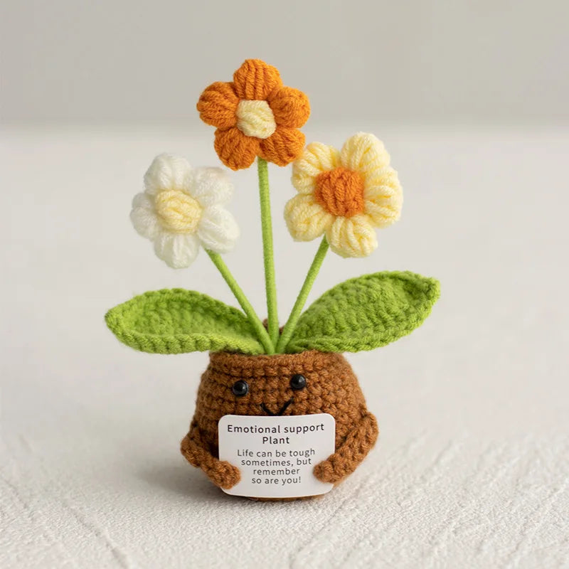 Crochet Knitted Flower Plant Pot - Desktop Emotional Support Gift Positivity Words of Encouragement Ornament - Perfect Gift