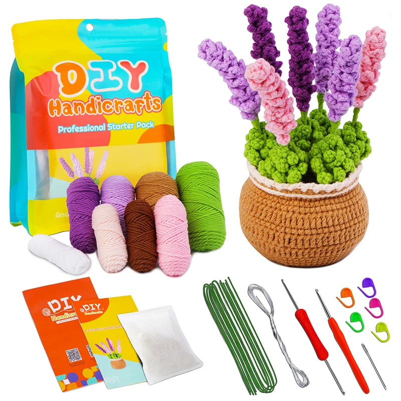 DIY Beginners Crochet Potted Flower Plant Kit – Lavender,Tulips, Daisies, Sunflowers