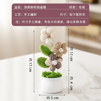 Crochet Knitted Artificial Flower Plant in Pot - Hand Woven Potted Desk Desktop Home Decor Gift Ornament
