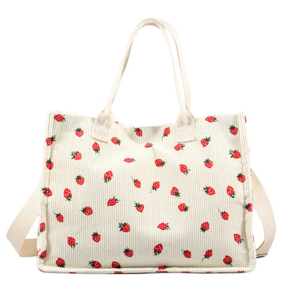 Large Capacity Strawberry Fabric Tote Bag – Adjustable Shoulder Bag for Work, School, Shopping