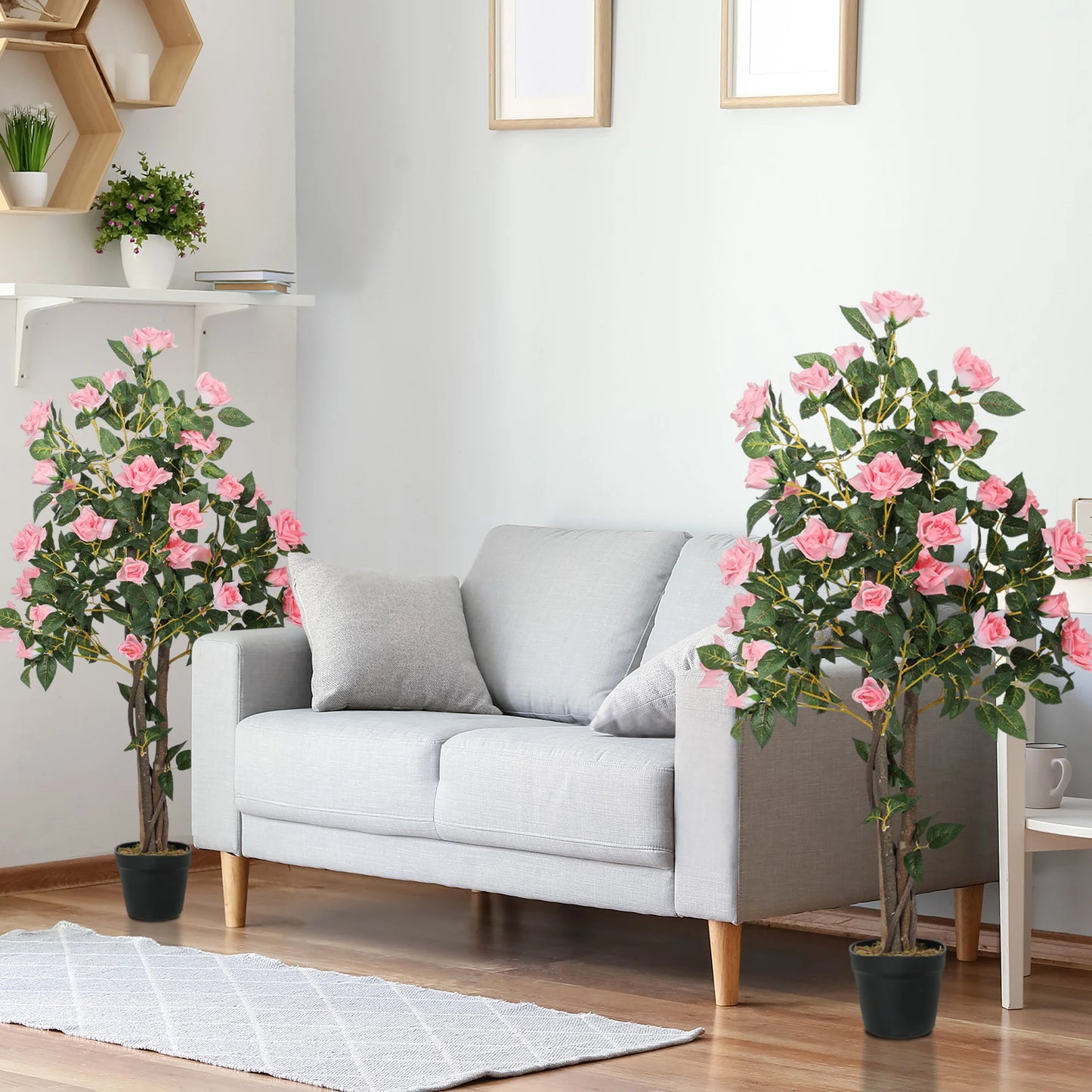 Set of 2 Large Tall 1.1m Artificial Pink Rose Trees in Pots – Decorative Faux Plants for Home, Office & Events