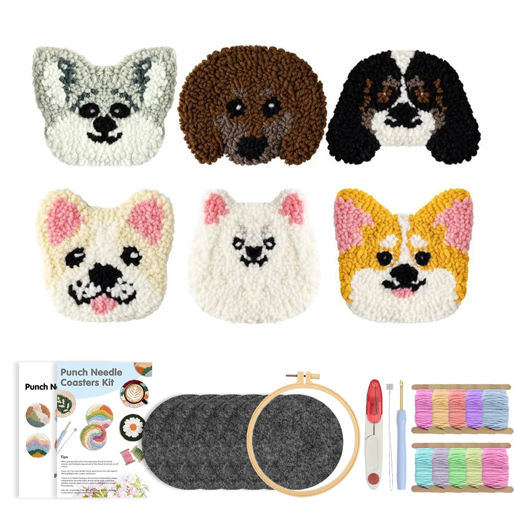 DIY Punch Needle Coaster Kit – Make 6 Dog Animal Coasters Craft Embroidery Set