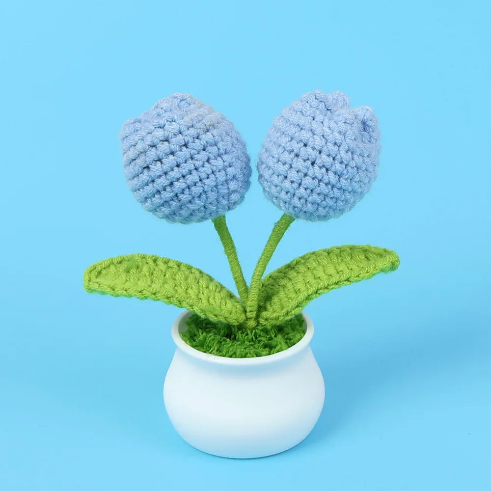 Crochet Knitted Artificial Flower Plant in Pot - Hand Woven Potted Desk Desktop Home Decor Gift Ornament