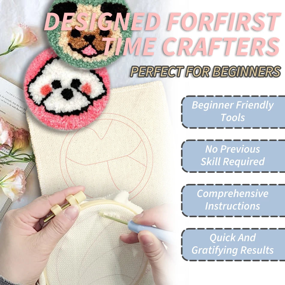 DIY Beginner Punch Needle Coaster Kit – Make 6 Animal Dog Frog Butterfly Paw Design Coasters - Multiple Design Choice Craft Embroidery