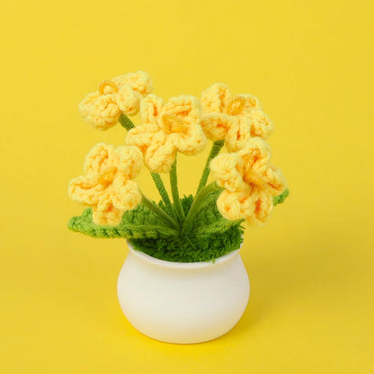 Crochet Knitted Artificial Flower Plant in Pot - Hand Woven Potted Desk Desktop Home Decor Gift Ornament