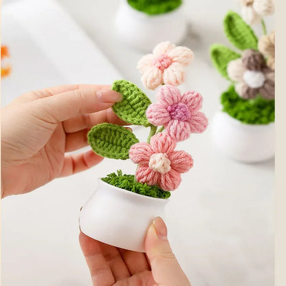 Crochet Knitted Artificial Flower Plant in Pot - Hand Woven Potted Desk Desktop Home Decor Gift Ornament