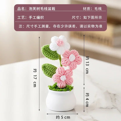 Crochet Knitted Artificial Flower Plant in Pot - Hand Woven Potted Desk Desktop Home Decor Gift Ornament