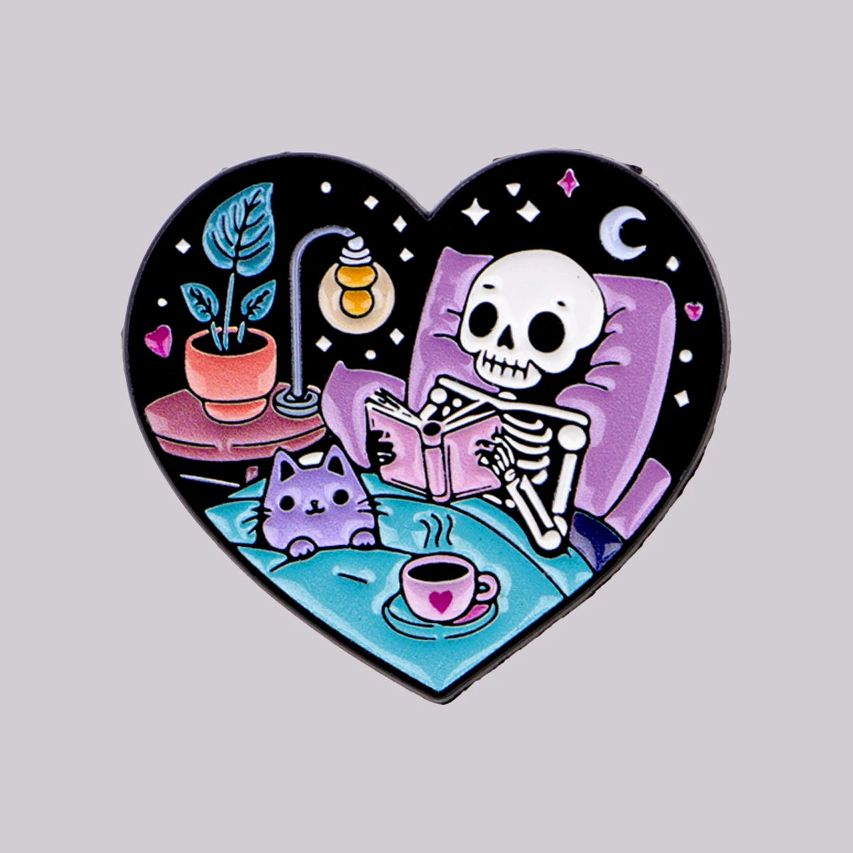 Skeleton and Cat Reading Cute Enamel Pin Badge Brooch Lapel Backpack Clothing Accessories Book Lover