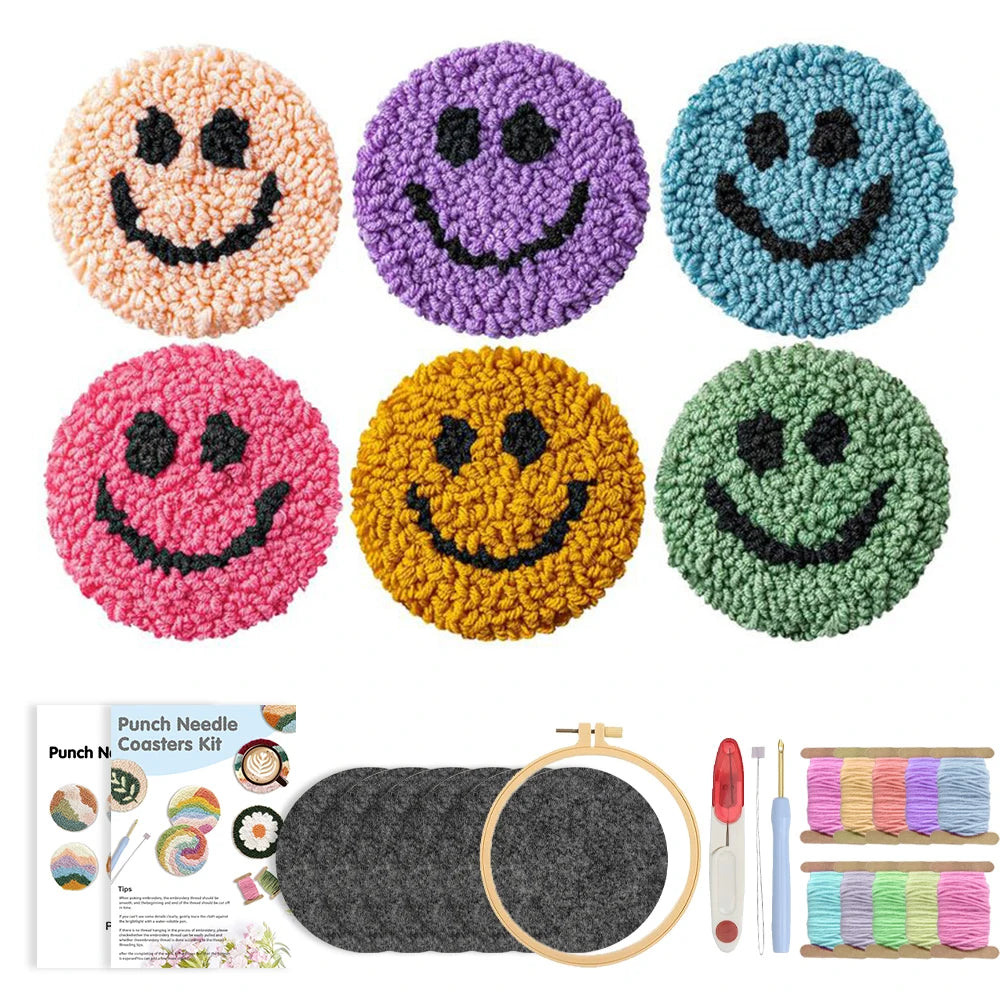 DIY Punch Needle Coaster Kit – Make 6 Frog, Ghost, or Smile Coasters Craft Embroidery