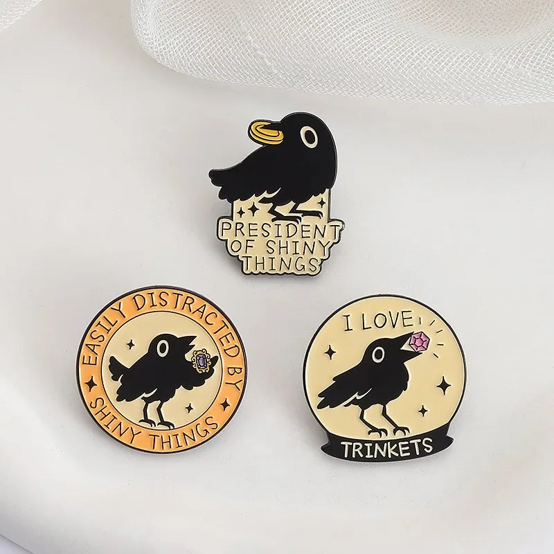 Cute Black Crow Metal Enamel Pin Badge Brooch Shiny Things Trinkets Raven Bird