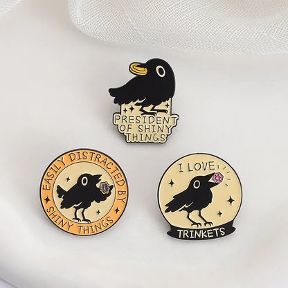Cute Black Crow Metal Enamel Pin Badge Brooch Shiny Things Trinkets Raven Bird