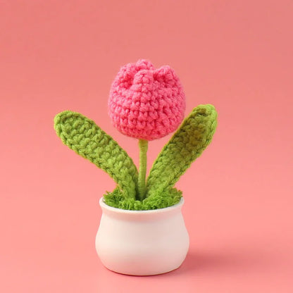 Crochet Knitted Artificial Flower Plant in Pot - Hand Woven Potted Desk Desktop Home Decor Gift Ornament