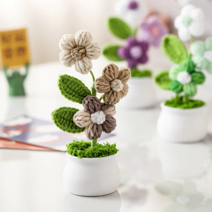Crochet Knitted Artificial Flower Plant in Pot - Hand Woven Potted Desk Desktop Home Decor Gift Ornament