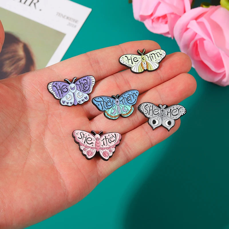 Butterfly Moth Pronouns Enamel Pin Badge SHE HER HE HIM THEY THEM Brooches