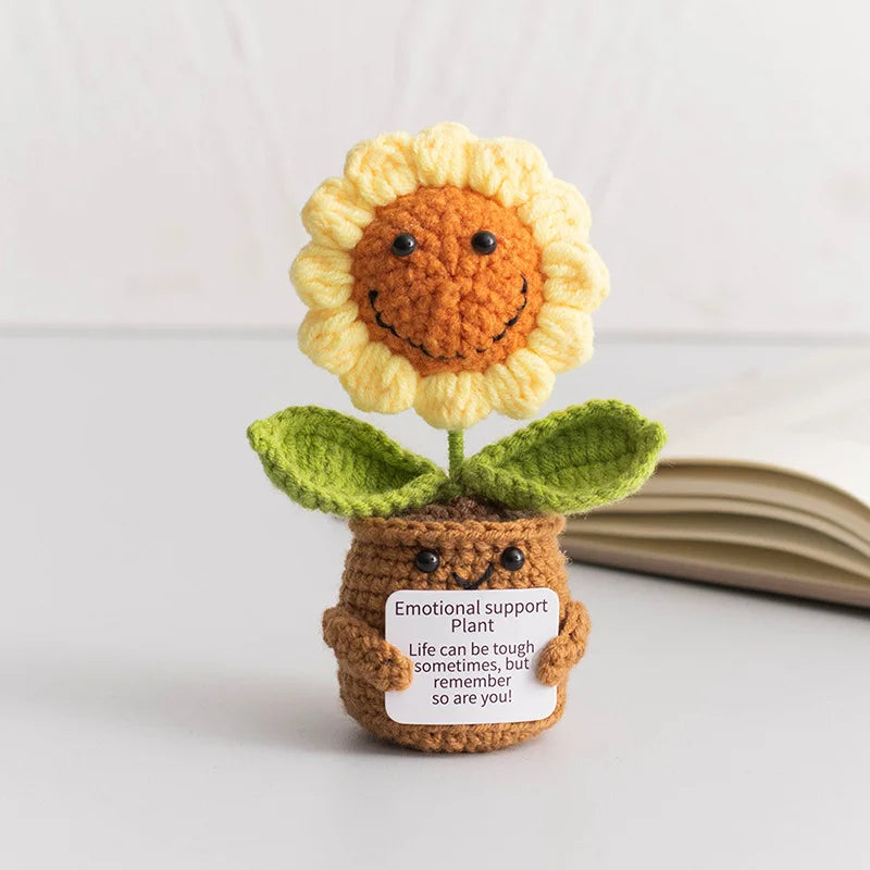 Crochet Knitted Flower Plant Pot - Desktop Emotional Support Gift Positivity Words of Encouragement Ornament - Perfect Gift