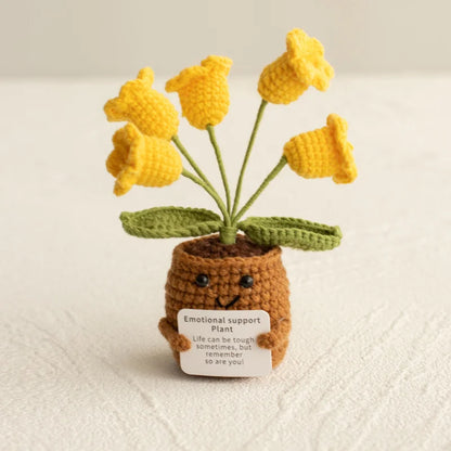 Crochet Knitted Flower Plant Pot - Desktop Emotional Support Gift Positivity Words of Encouragement Ornament - Perfect Gift
