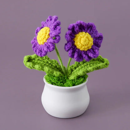 Crochet Knitted Artificial Flower Plant in Pot - Hand Woven Potted Desk Desktop Home Decor Gift Ornament