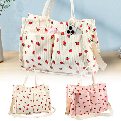 Large Capacity Strawberry Fabric Tote Bag – Adjustable Shoulder Bag for Work, School, Shopping