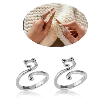 Set of 2 Adjustable Knitting Crochet Ring Cat Design Open Yarn Guide Tension Ring Faster Knitting
