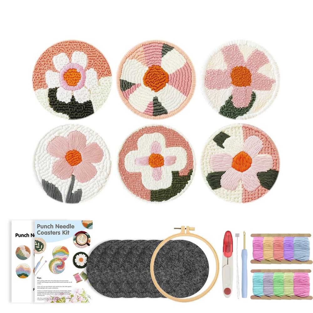 DIY Punch Needle Coaster Set Kit – Make 6 Flower Plant Design Coasters Multiple Design Choice Craft Embroidery