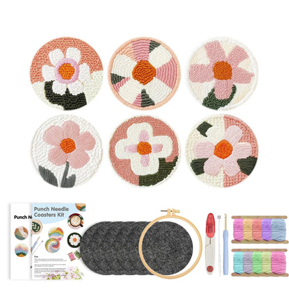 DIY Punch Needle Coaster Set Kit – Make 6 Flower Plant Design Coasters Multiple Design Choice Craft Embroidery