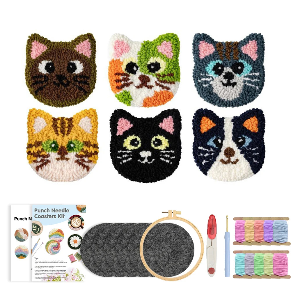 DIY Punch Needle Coaster Kit Set – Make 6 Cat Animal Coasters Craft Embroidery