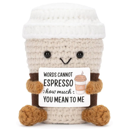 Crochet Knitted Coffee Cup - Emotional Support Coffee Plush Funny Handmade-Style Gift with Message Card
