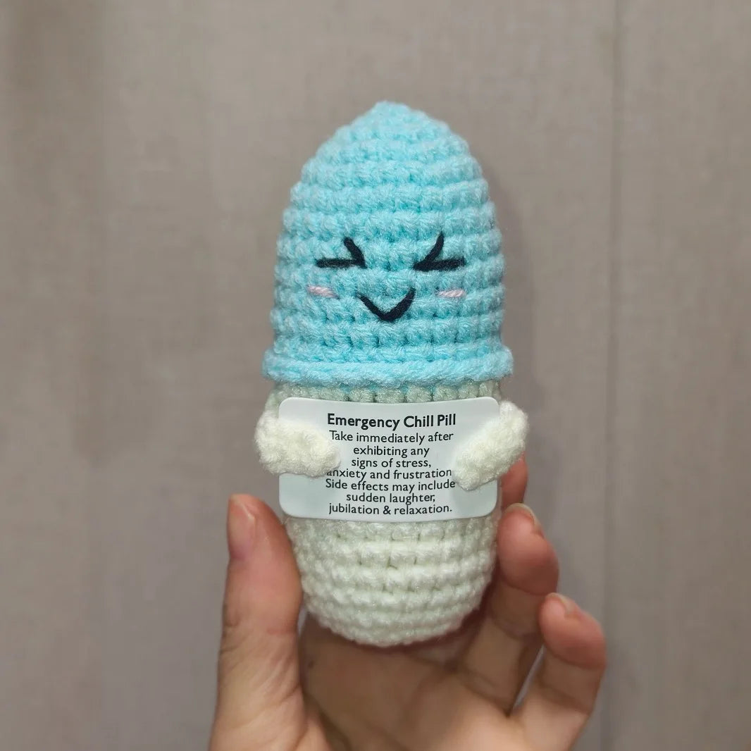 Crochet Knitted Chill Pill - Emotional Support Chill Pill Handmade-Style Gift with Message Card Mental Health Happy Pill Support