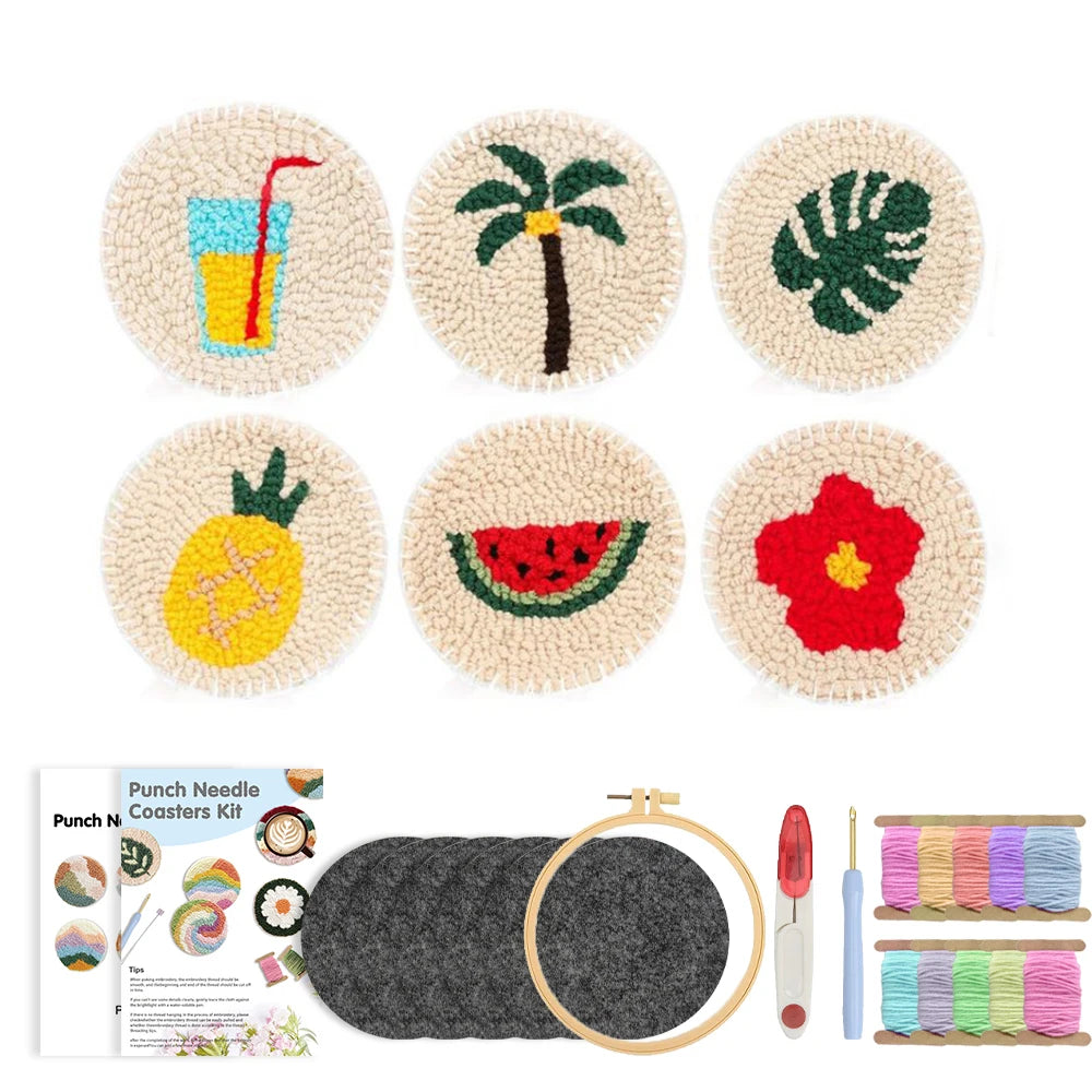 DIY Punch Needle Coaster Set Kit – Make 6 Coasters Multiple Design Choice Craft Embroidery