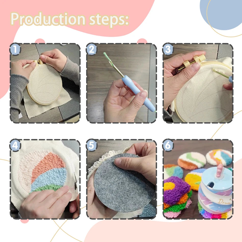 DIY Punch Needle Coaster Set Kits – Make 6 Fruit Design Coasters Multiple Design Choice Craft Embroidery