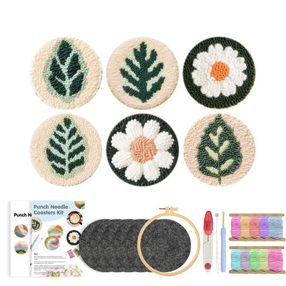 DIY Punch Needle Coaster Set Kit – Make 6 Flower Plant Design Coasters Multiple Design Choice Craft Embroidery