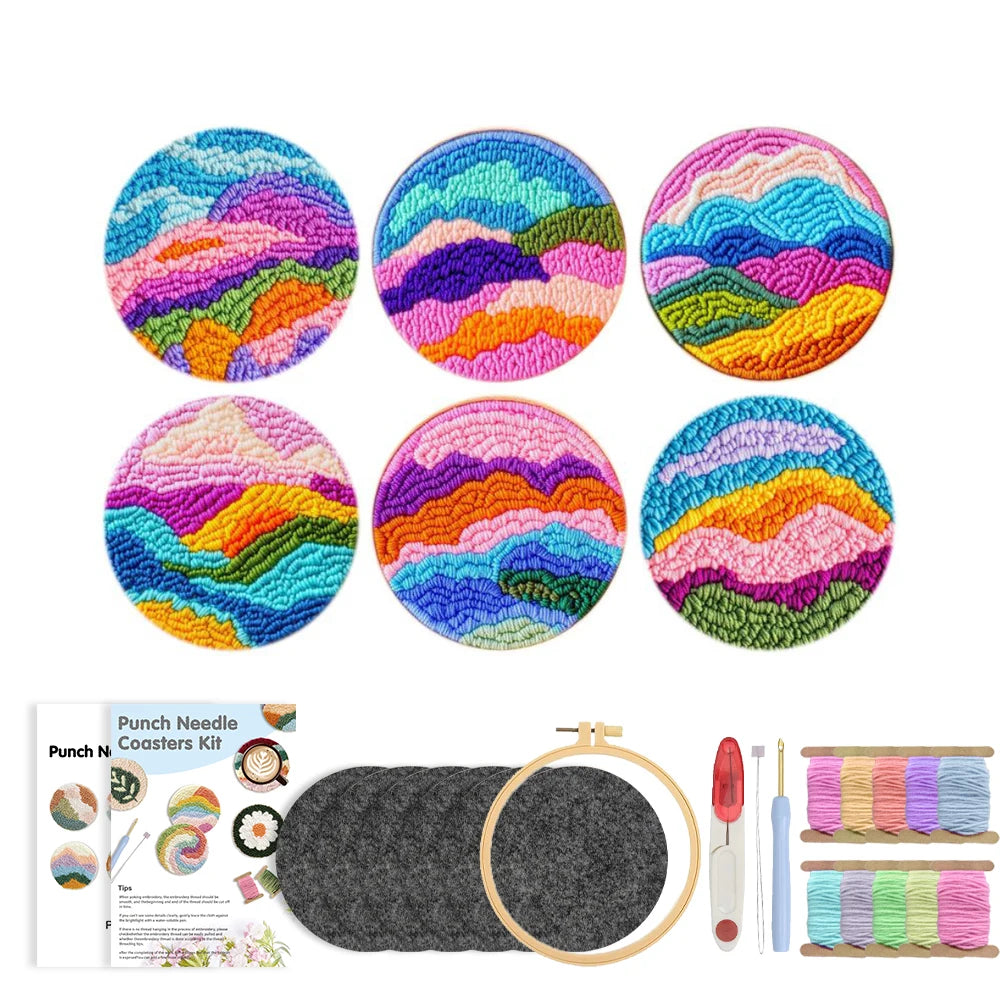DIY Punch Needle Coaster Set Kit – Make 6 Scenery Landscape Design Coasters Multiple Design Choice Craft Embroidery