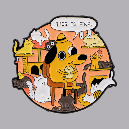 This Is Fine Meme Dog Enamel Pin – Funny Chaos Badge for Bags Jackets