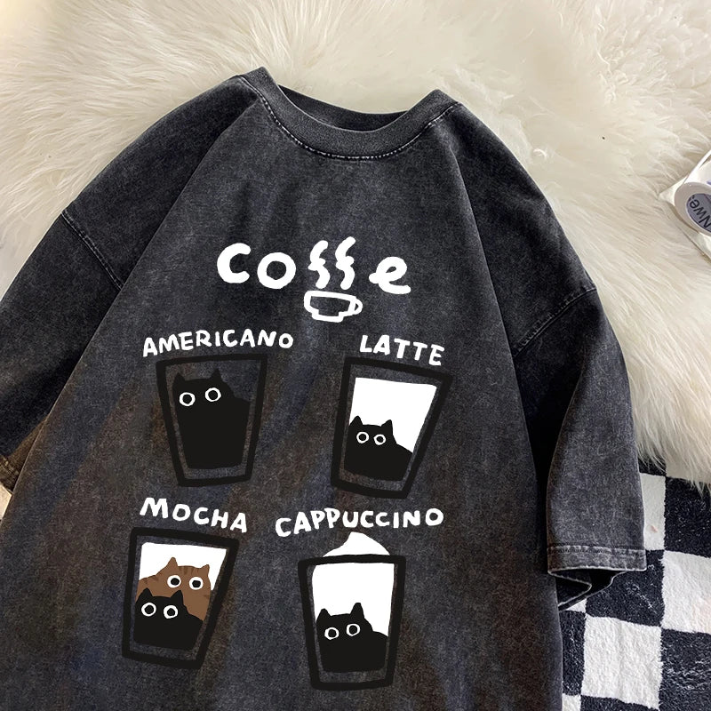 Cat Coffee T-Shirt – Cute Mocha Latte Graphic Tee for Men & Women | Summer Loose Fit Cotton