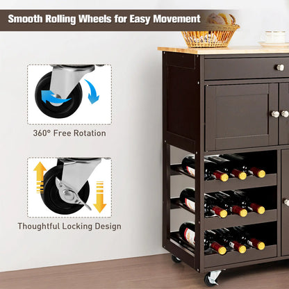 Rolling Kitchen Trolley Cart with Storage Cabinet & Wine Rack – 3-Tier Island on Wheels with Drawer