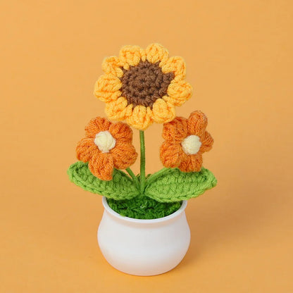 Crochet Knitted Artificial Flower Plant in Pot - Hand Woven Potted Desk Desktop Home Decor Gift Ornament