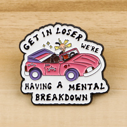 Cartoon Doll in Pink Car Enamel Pin Badge Mental Breakdown Backpack Brooch Hat Collar Lapel