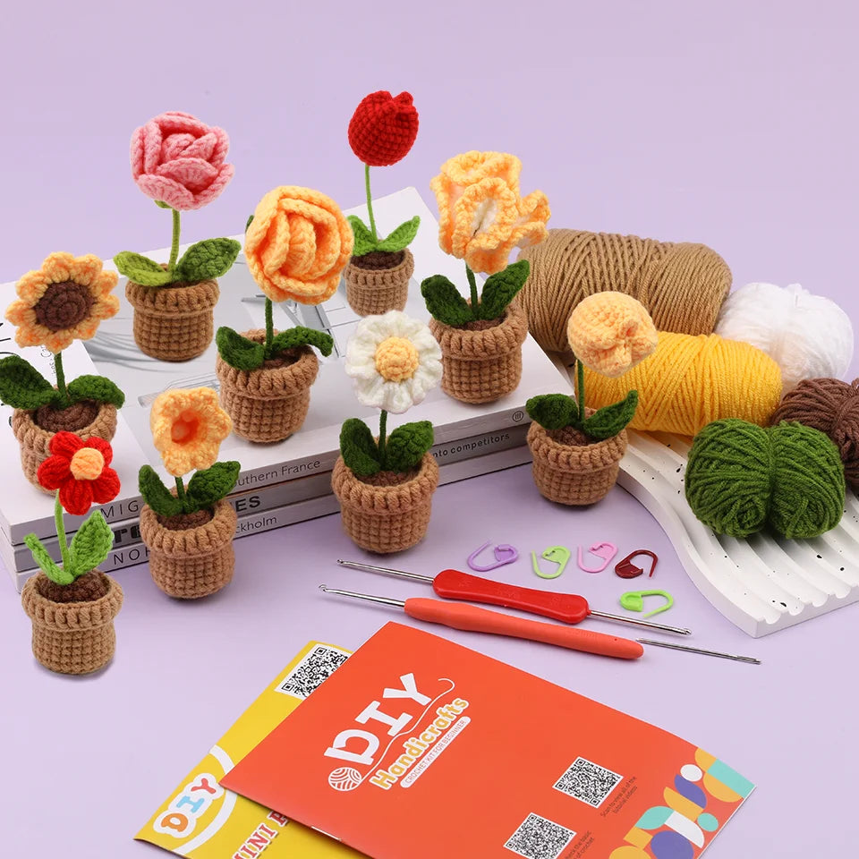 DIY Crochet Potted Flower Kit – Make 6 Plants Yellow / Red / Pink Flowers